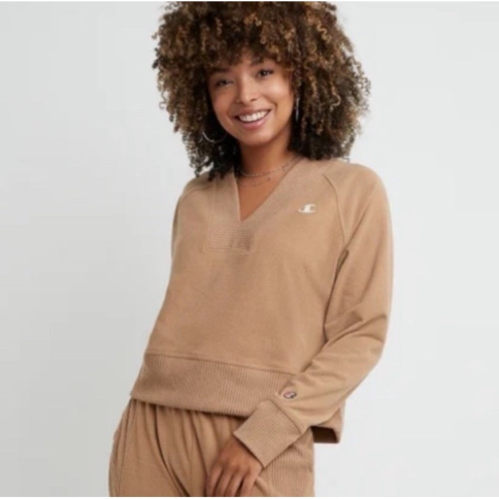 Champion Cropped Sweatshirt Simply Nude Heather Soft Touch Rib Mix Pullover - S